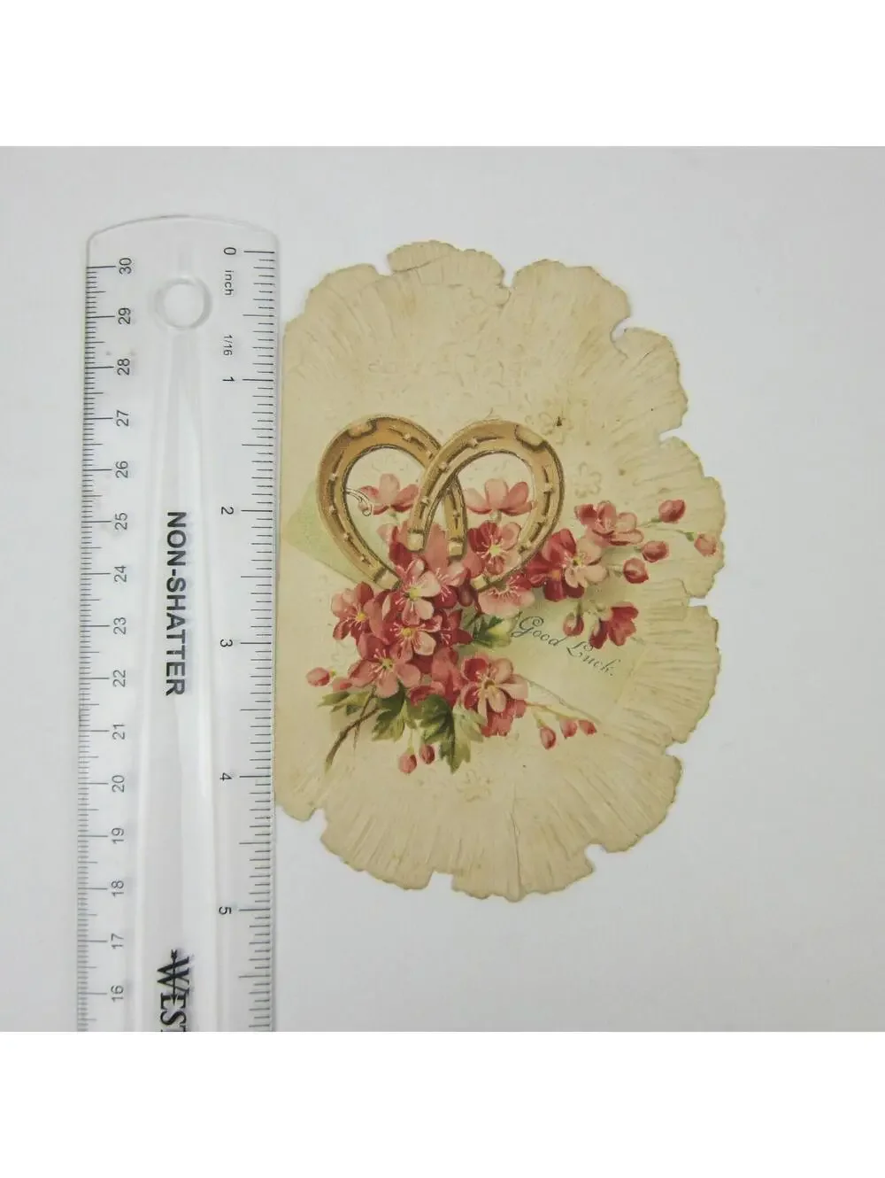 Victorian Good Luck Greeting Card Gold Horseshoes Pink Flowers Embossed Antique